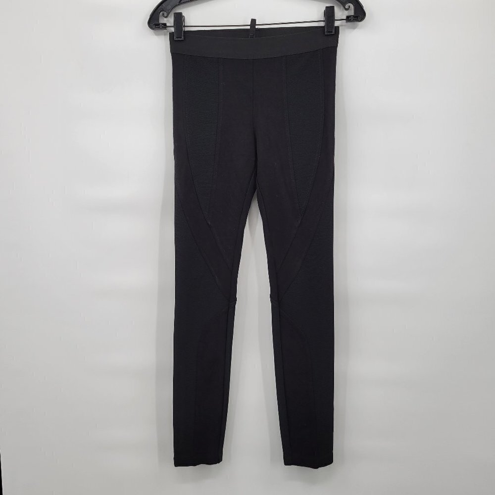 BCBG Maxazria Women Black Ribbed Panel Knit Hi Rise Athleisure Leggings Size XS